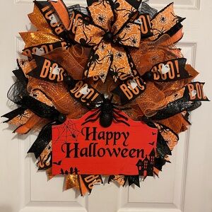 Halloween Wreath with Orange and Black Bows